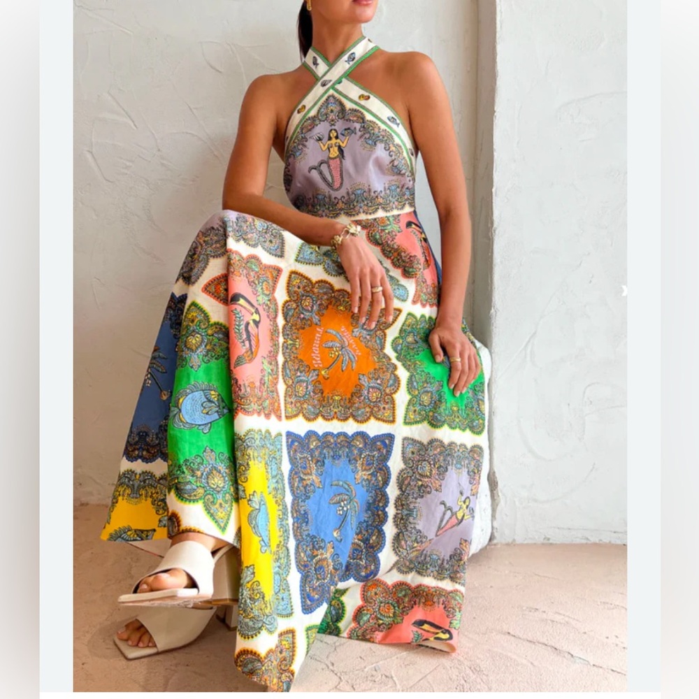 Alemais Trippy Troppo Tile-Print Linen Halter Midi Dress